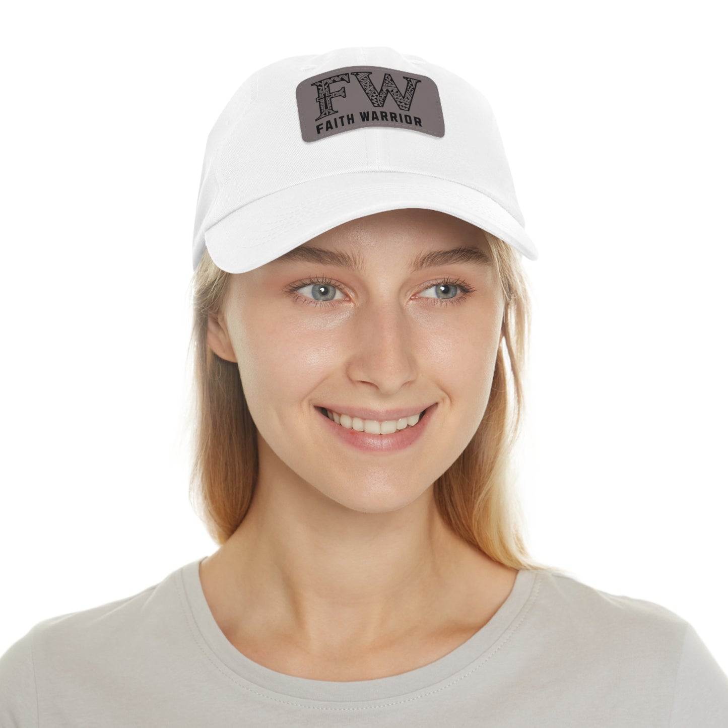 Christian Dad Hat | FW Leather Patch Hat | Faith Warrior Cap | Polynesian Design FW Embossed Rectangular Patch