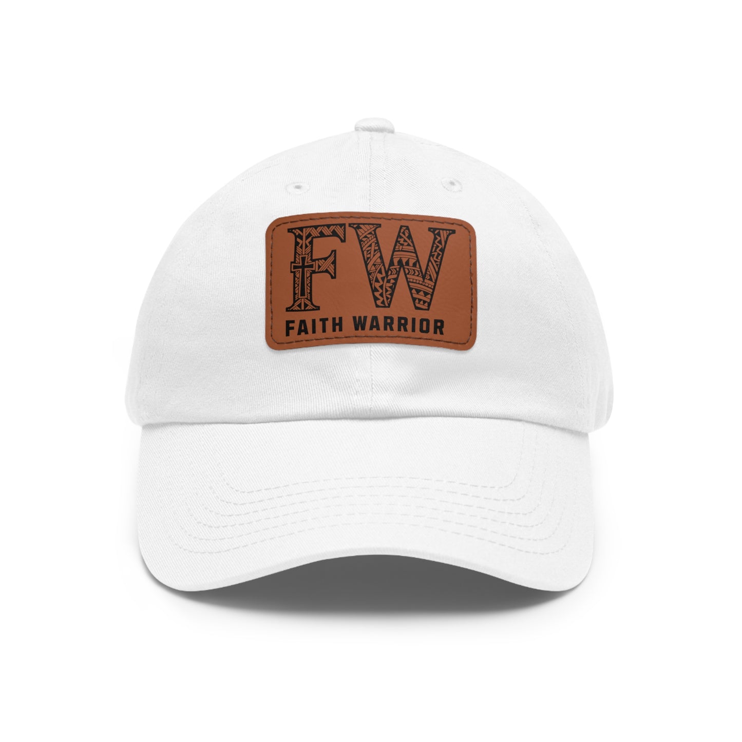 Christian Dad Hat | FW Leather Patch Hat | Faith Warrior Cap | Polynesian Design FW Embossed Rectangular Patch