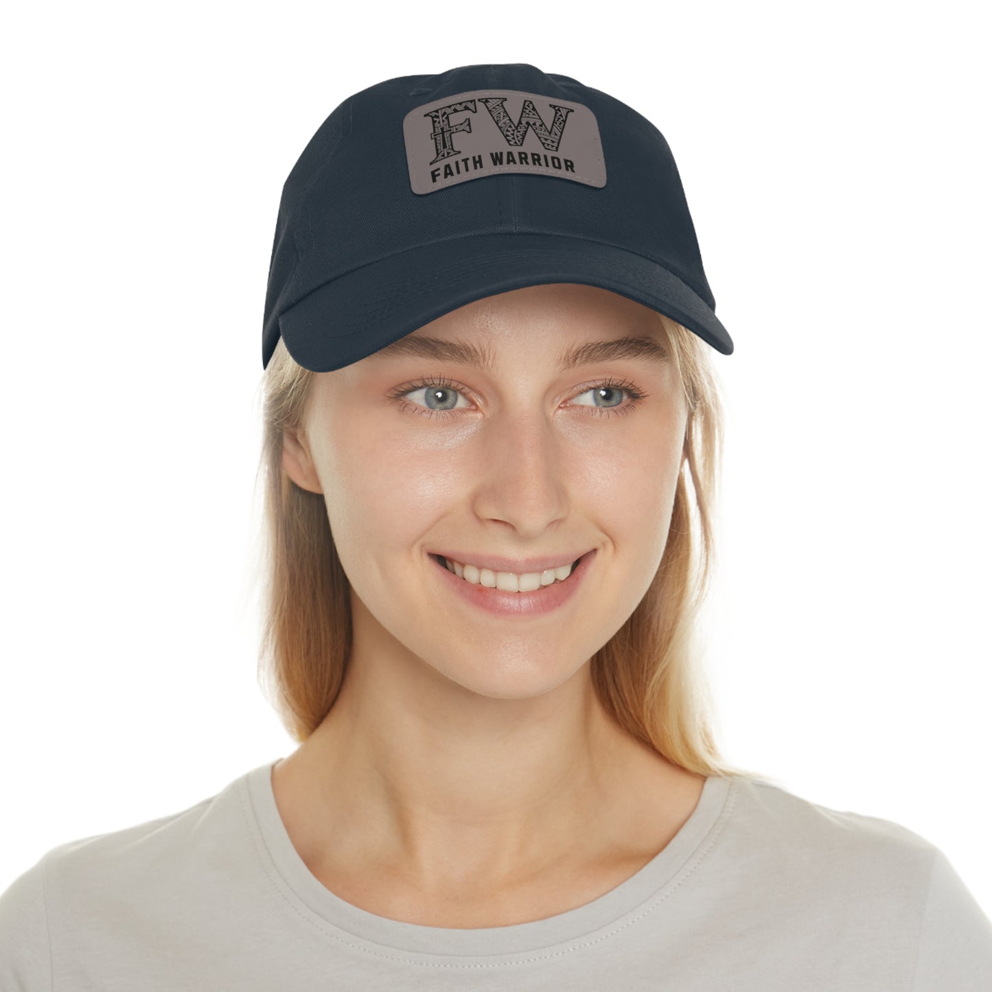 Christian Dad Hat | FW Leather Patch Hat | Faith Warrior Cap | Polynesian Design FW Embossed Rectangular Patch