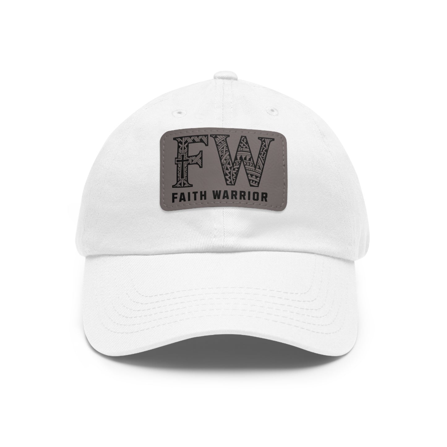 Christian Dad Hat | FW Leather Patch Hat | Faith Warrior Cap | Polynesian Design FW Embossed Rectangular Patch