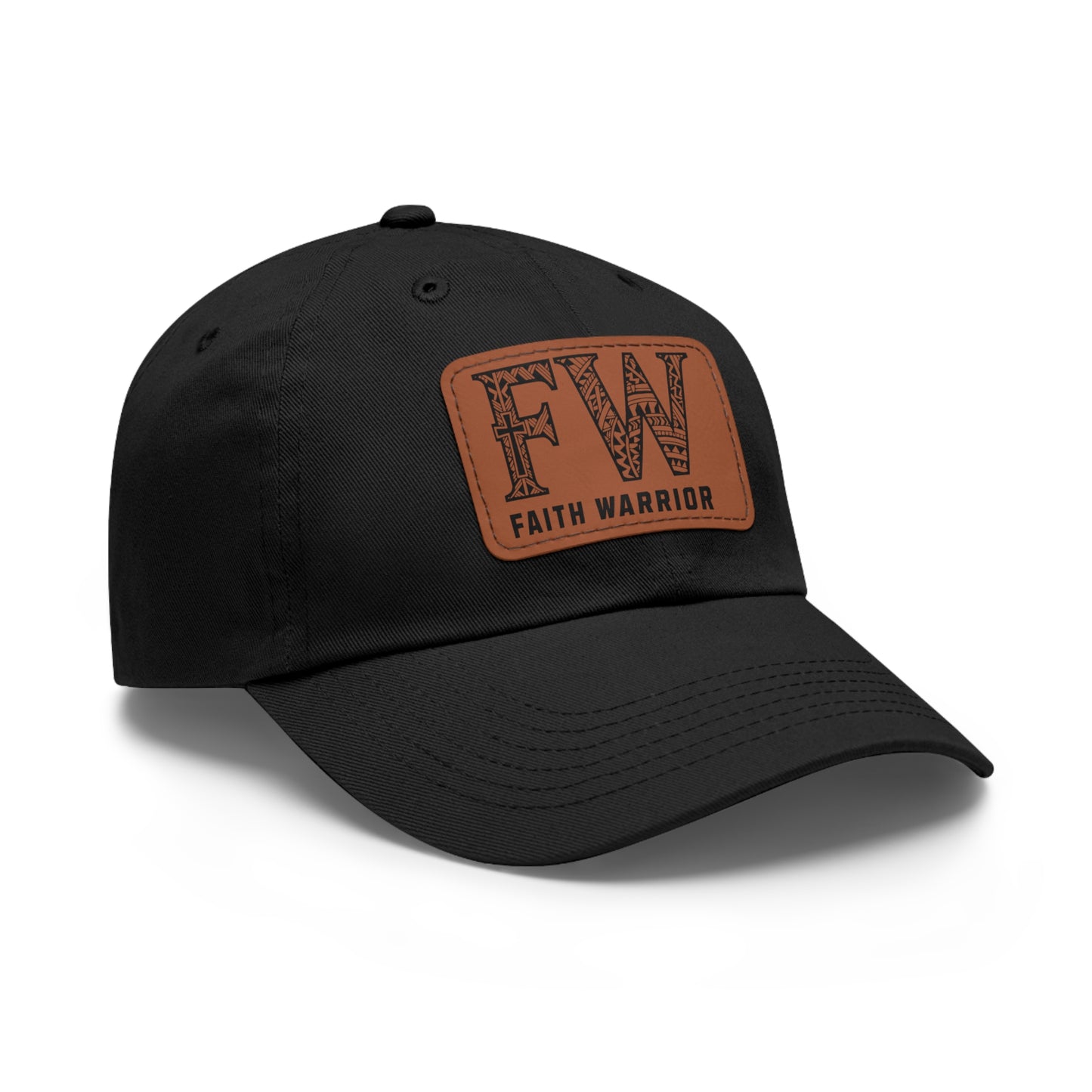 Christian Dad Hat | FW Leather Patch Hat | Faith Warrior Cap | Polynesian Design FW Embossed Rectangular Patch