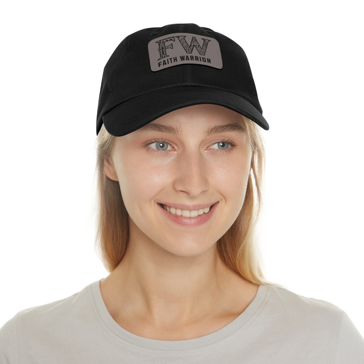 Christian Dad Hat | FW Leather Patch Hat | Faith Warrior Cap | Polynesian Design FW Embossed Rectangular Patch