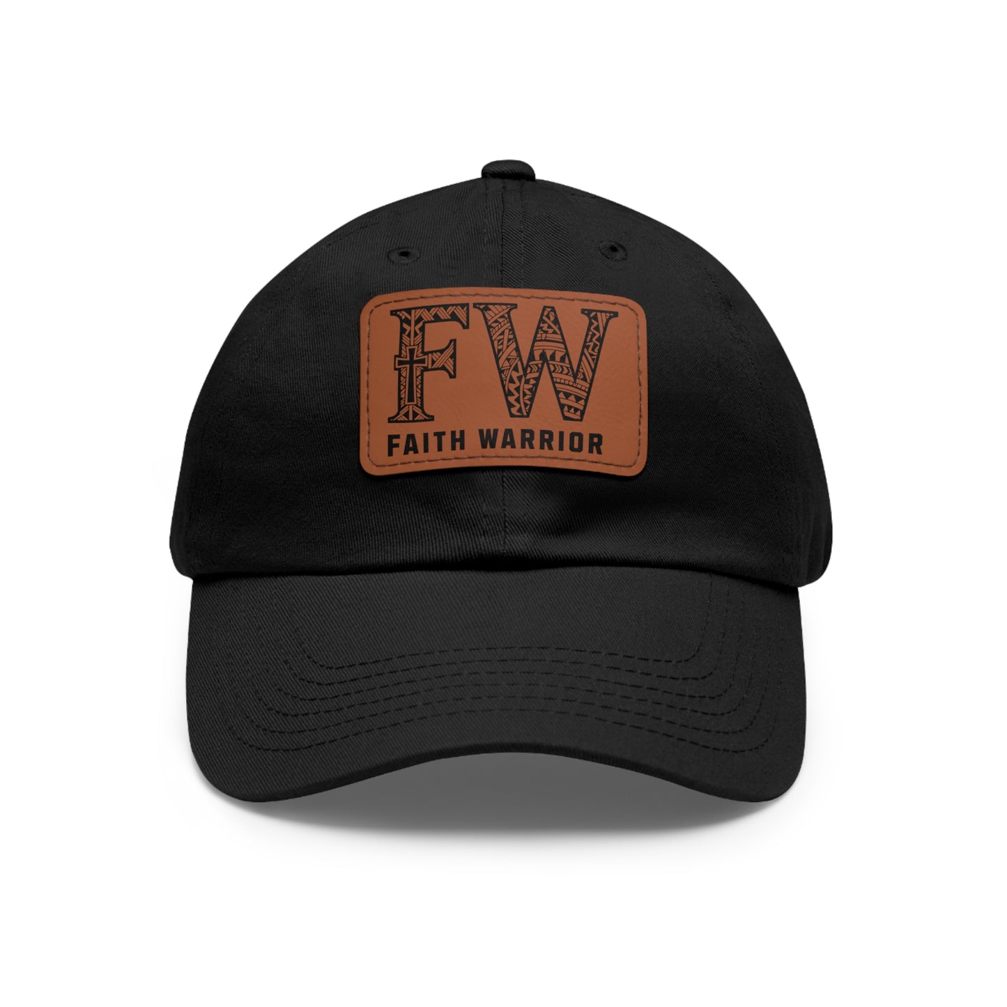 Christian Dad Hat | FW Leather Patch Hat | Faith Warrior Cap | Polynesian Design FW Embossed Rectangular Patch