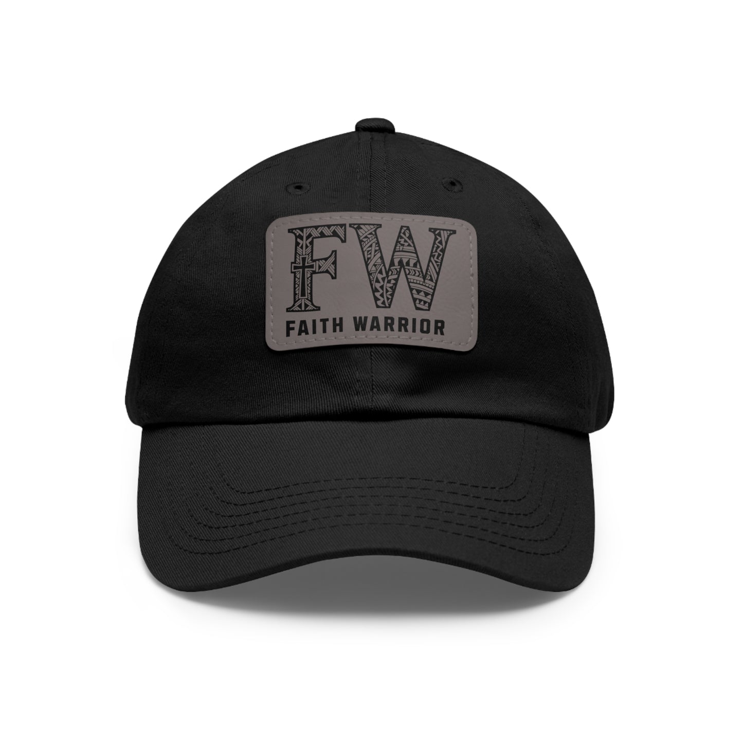 Christian Dad Hat | FW Leather Patch Hat | Faith Warrior Cap | Polynesian Design FW Embossed Rectangular Patch