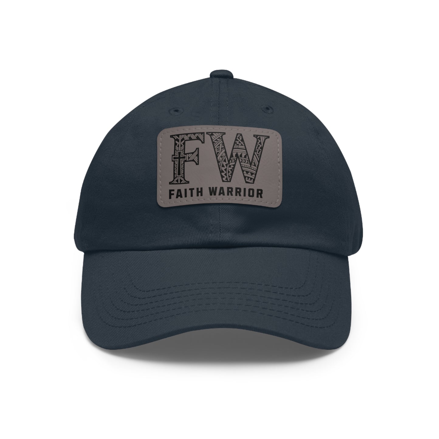 Christian Dad Hat | FW Leather Patch Hat | Faith Warrior Cap | Polynesian Design FW Embossed Rectangular Patch