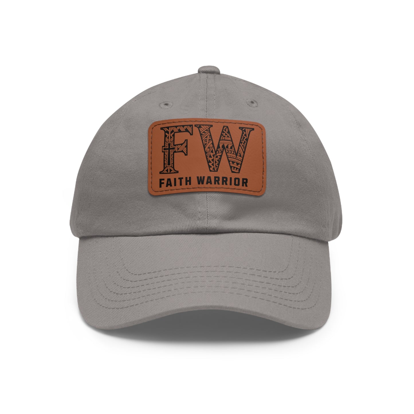 Christian Dad Hat | FW Leather Patch Hat | Faith Warrior Cap | Polynesian Design FW Embossed Rectangular Patch