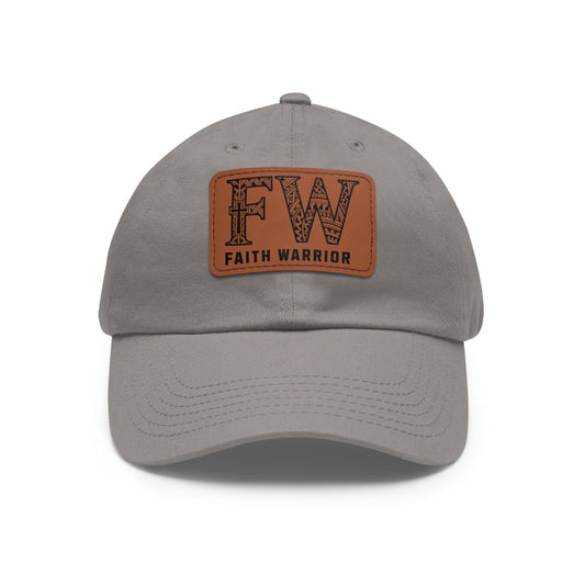 Christian Dad Hat | FW Leather Patch Hat | Faith Warrior Cap | Polynesian Design FW Embossed Rectangular Patch
