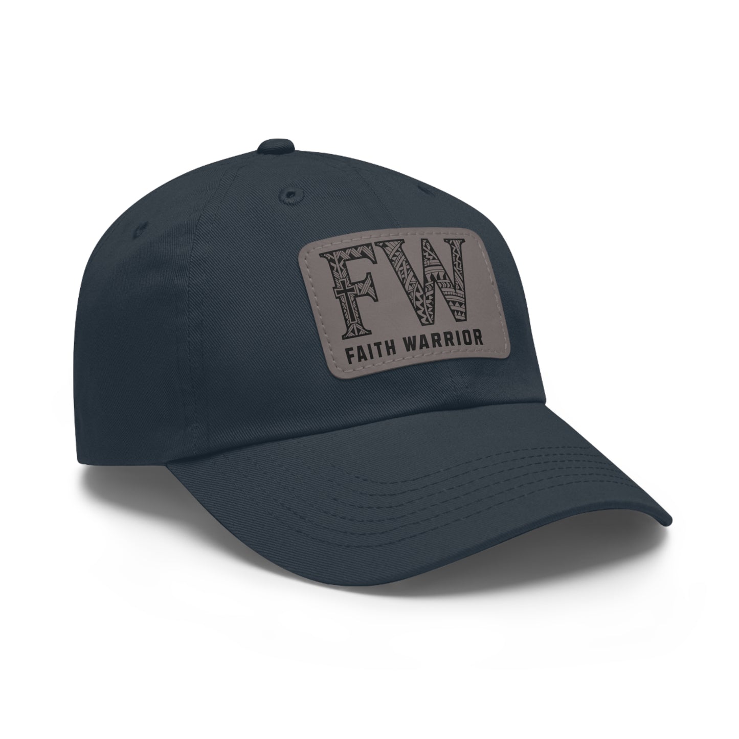 Christian Dad Hat | FW Leather Patch Hat | Faith Warrior Cap | Polynesian Design FW Embossed Rectangular Patch