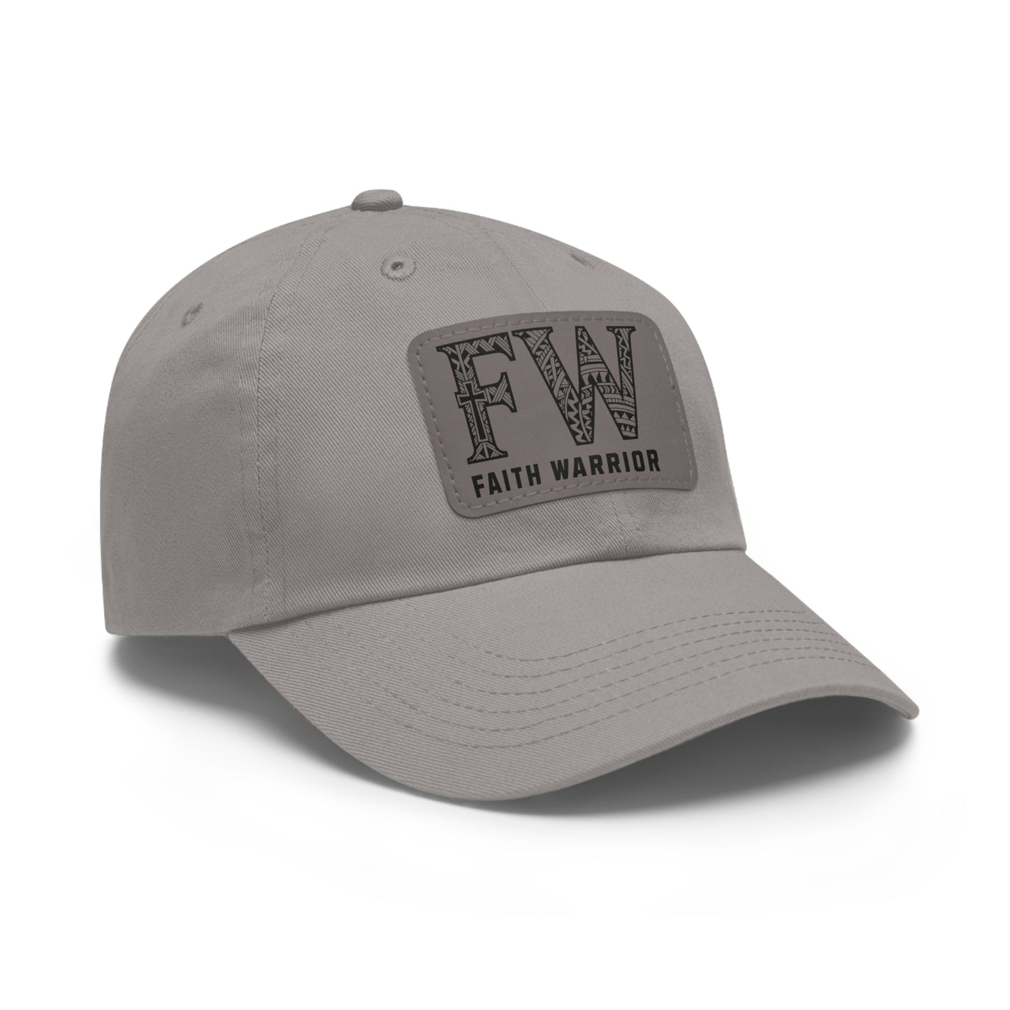 Christian Dad Hat | FW Leather Patch Hat | Faith Warrior Cap | Polynesian Design FW Embossed Rectangular Patch