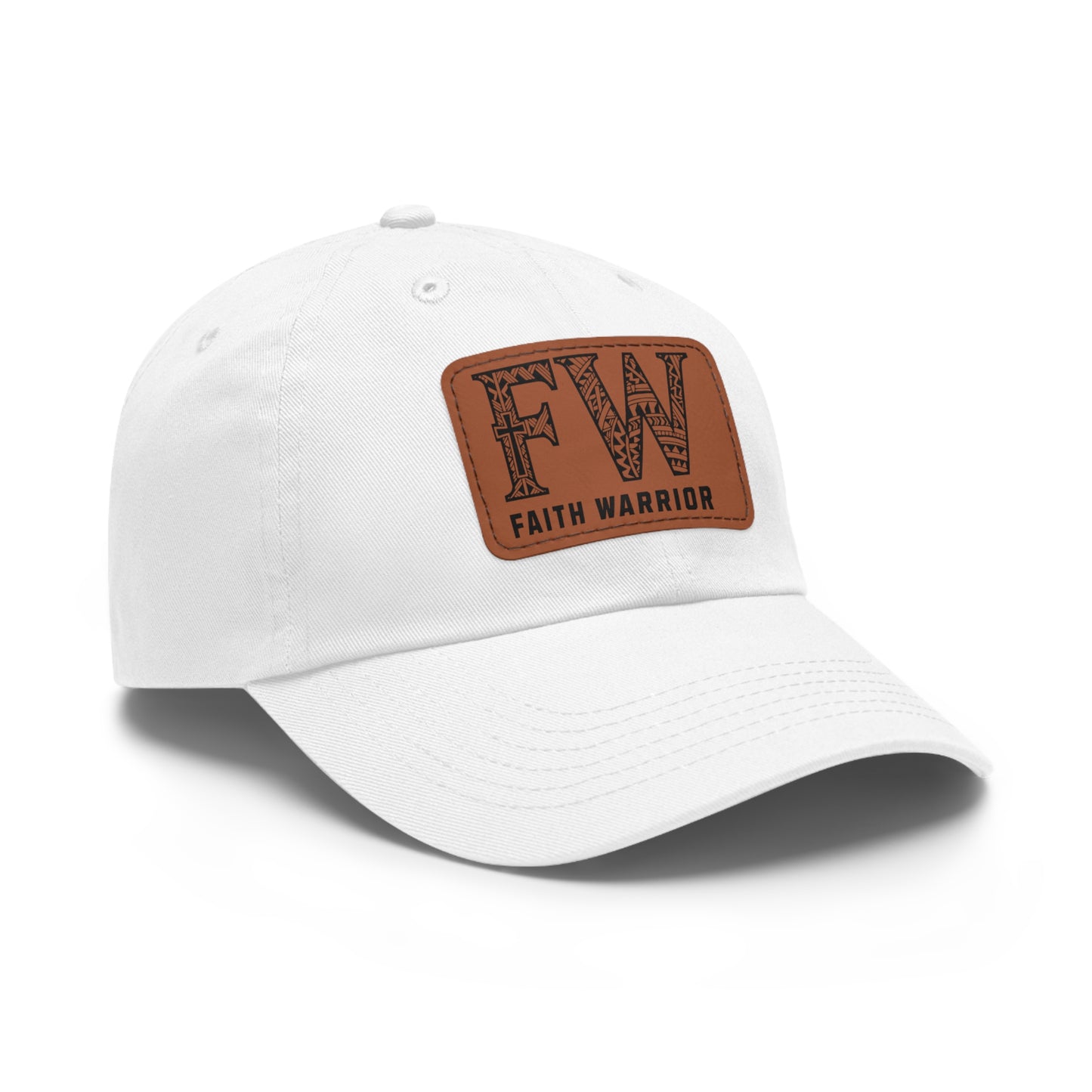 Christian Dad Hat | FW Leather Patch Hat | Faith Warrior Cap | Polynesian Design FW Embossed Rectangular Patch