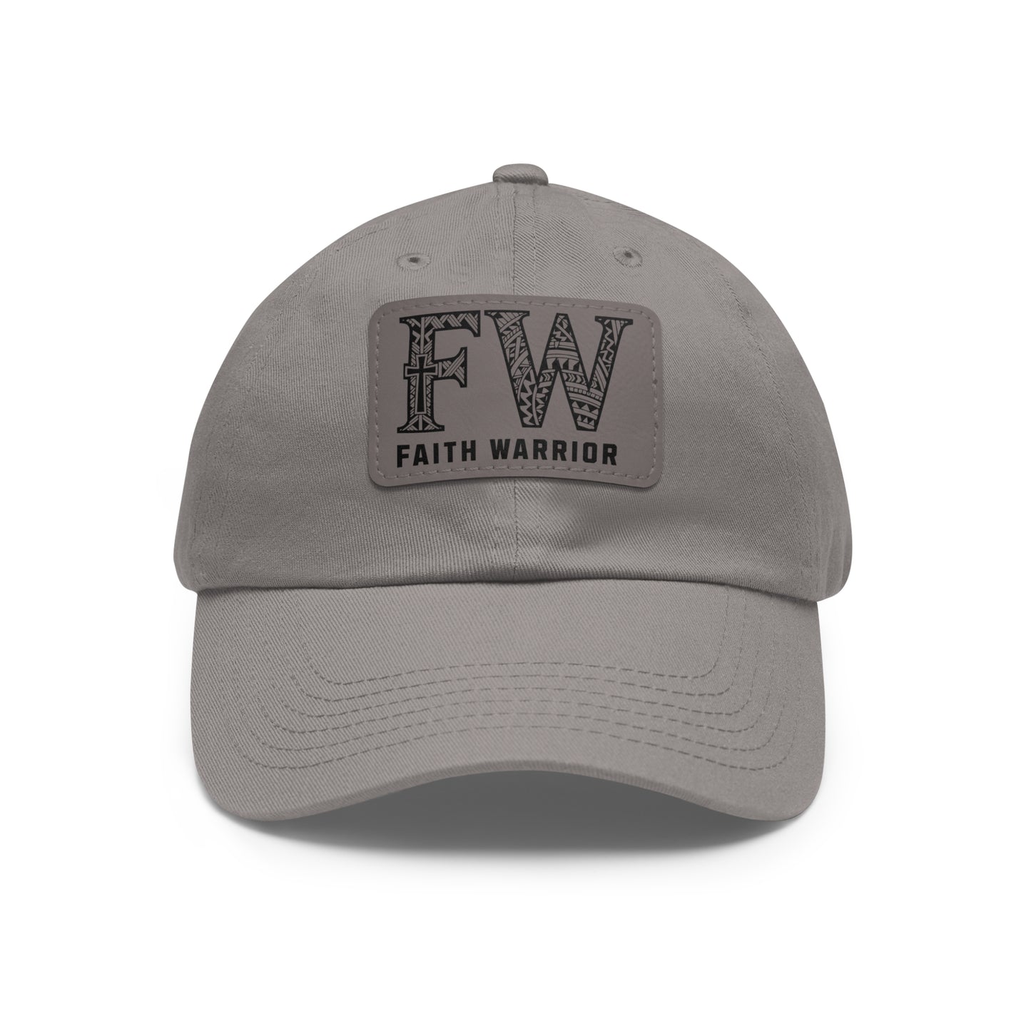 Christian Dad Hat | FW Leather Patch Hat | Faith Warrior Cap | Polynesian Design FW Embossed Rectangular Patch