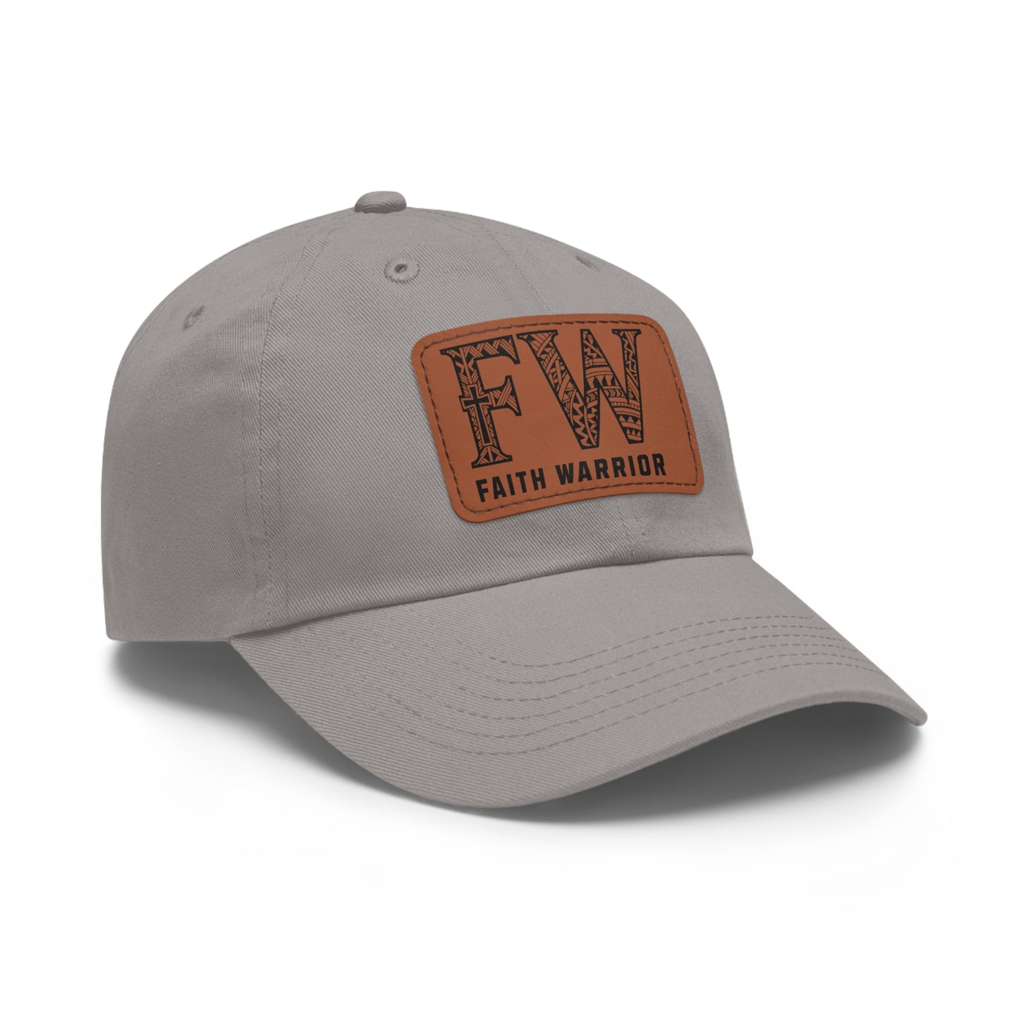Christian Dad Hat | FW Leather Patch Hat | Faith Warrior Cap | Polynesian Design FW Embossed Rectangular Patch