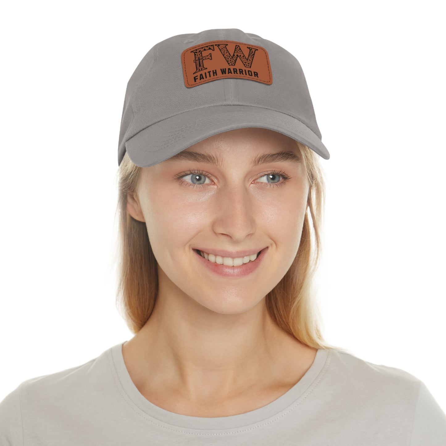 Christian Dad Hat | FW Leather Patch Hat | Faith Warrior Cap | Polynesian Design FW Embossed Rectangular Patch