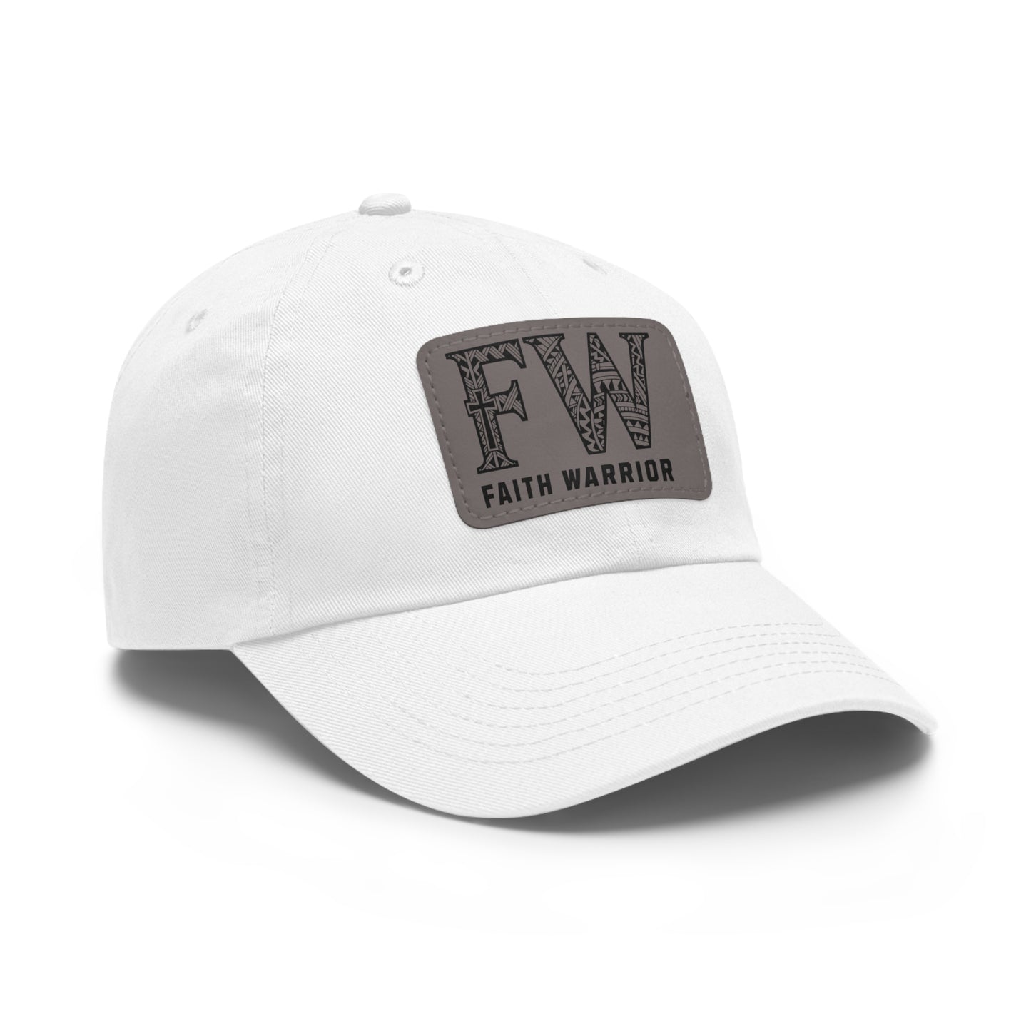 Christian Dad Hat | FW Leather Patch Hat | Faith Warrior Cap | Polynesian Design FW Embossed Rectangular Patch