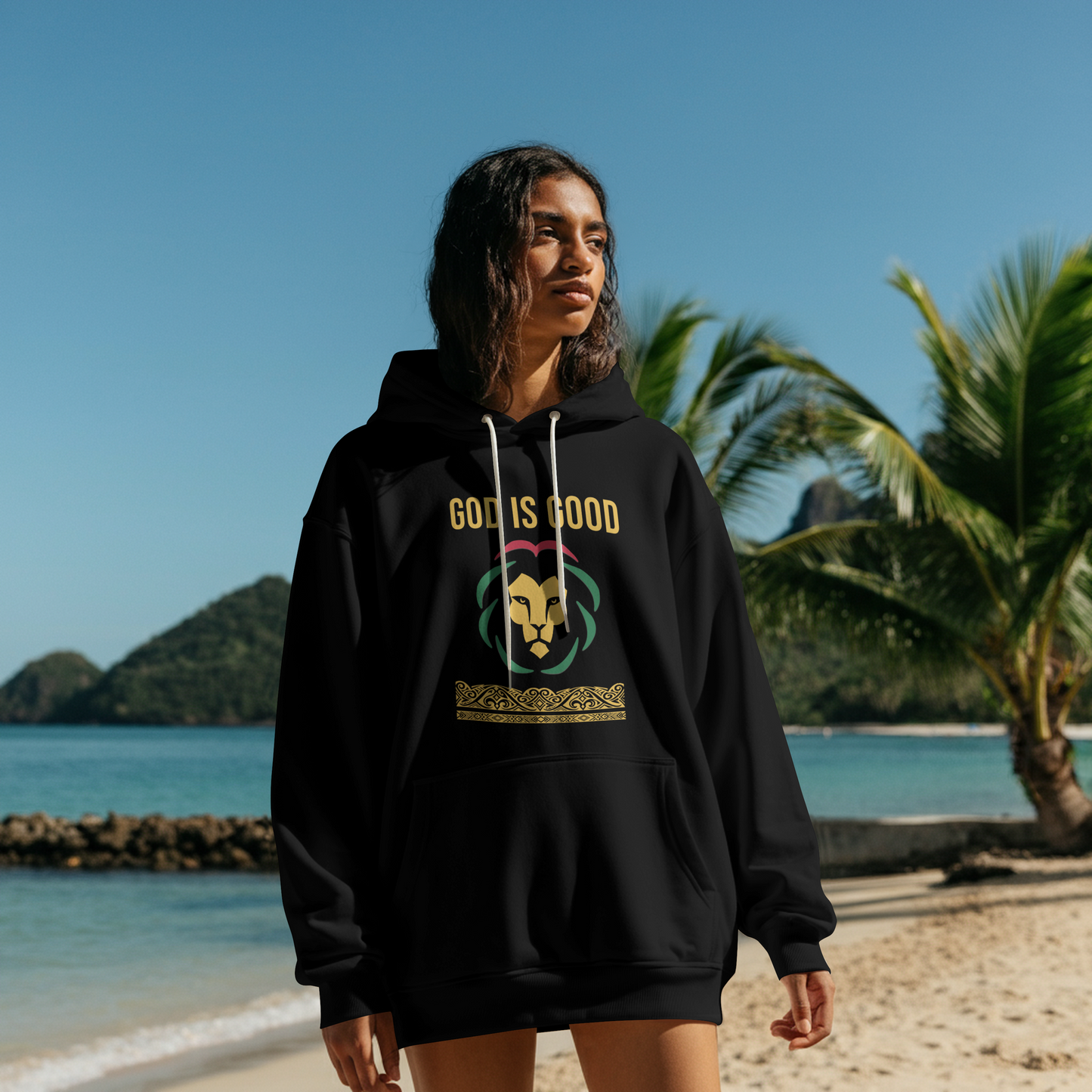 God Is Good Lion Graphic Hoodie | Christian Faith Reggae Colors